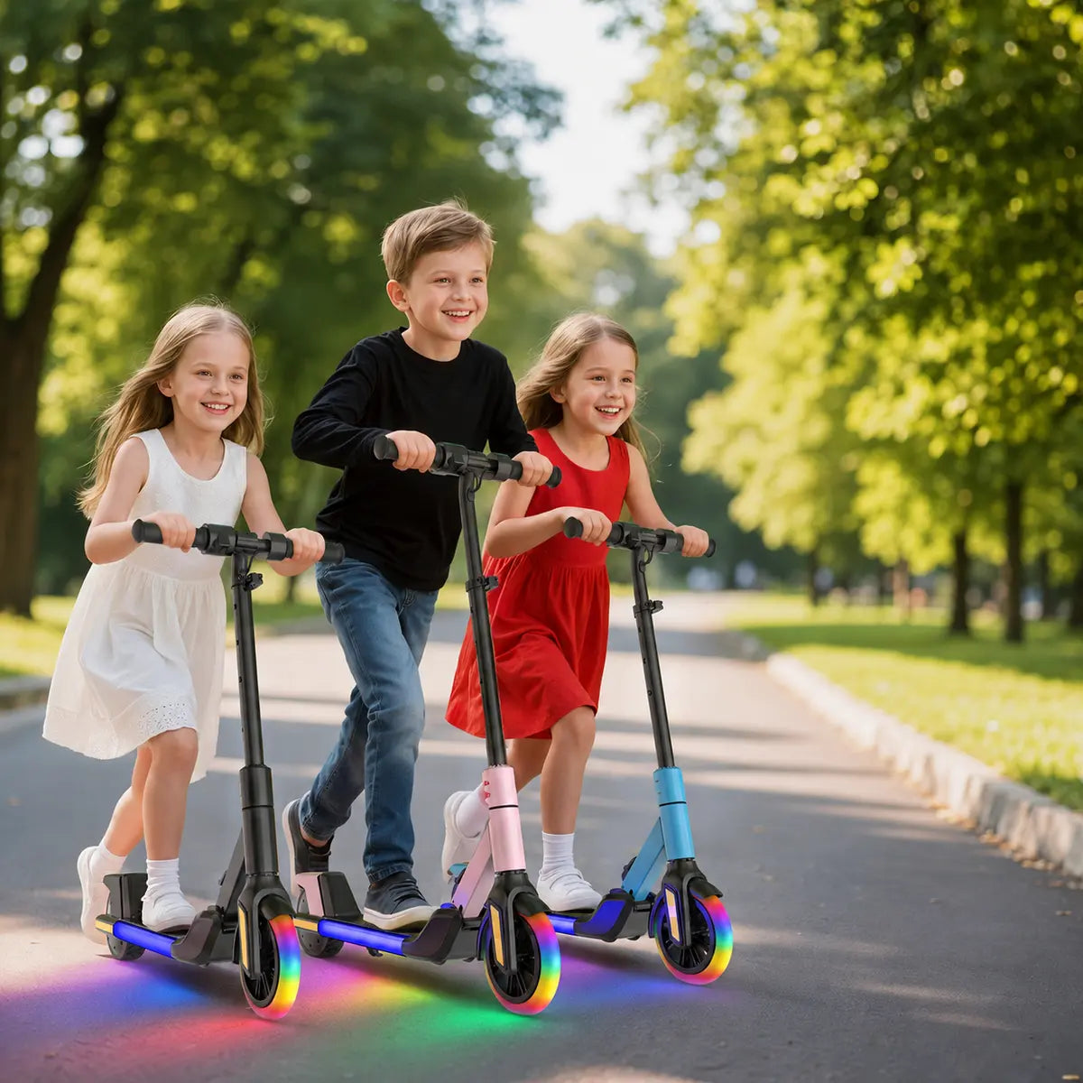 Three children riding height-adjustable AONIU Q1 electric scooters