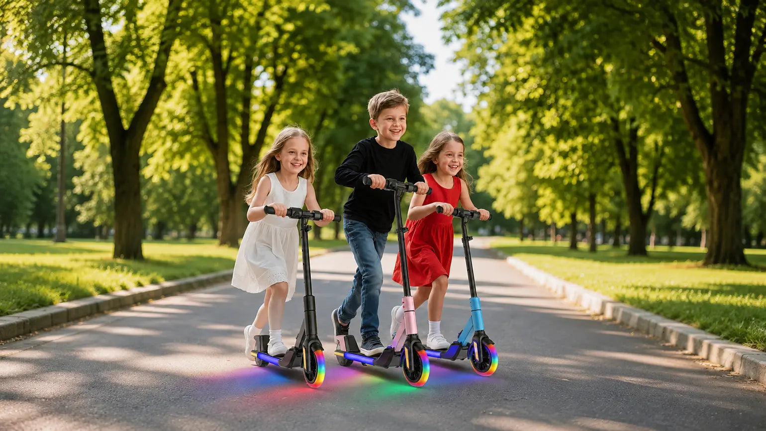 Three children riding height-adjustable AONIU Q1 electric scooters